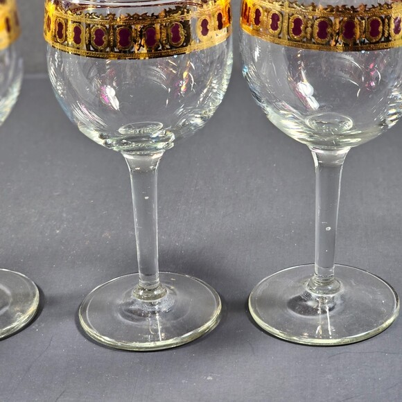 Vtg Set of 3 Midcentury 1950s 22k Gold Ruby Red Regency Culver Wine Glass Set - Picture 6 of 8